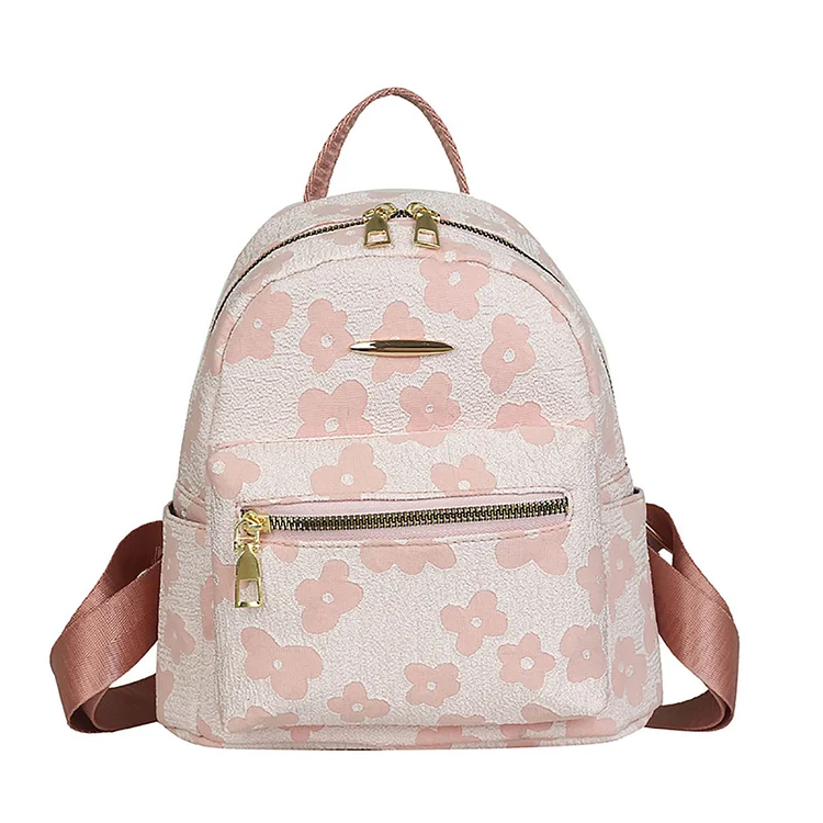 Flower Print Pure Backpack for Girls Soft Canvas Portable School Bag (Pink)