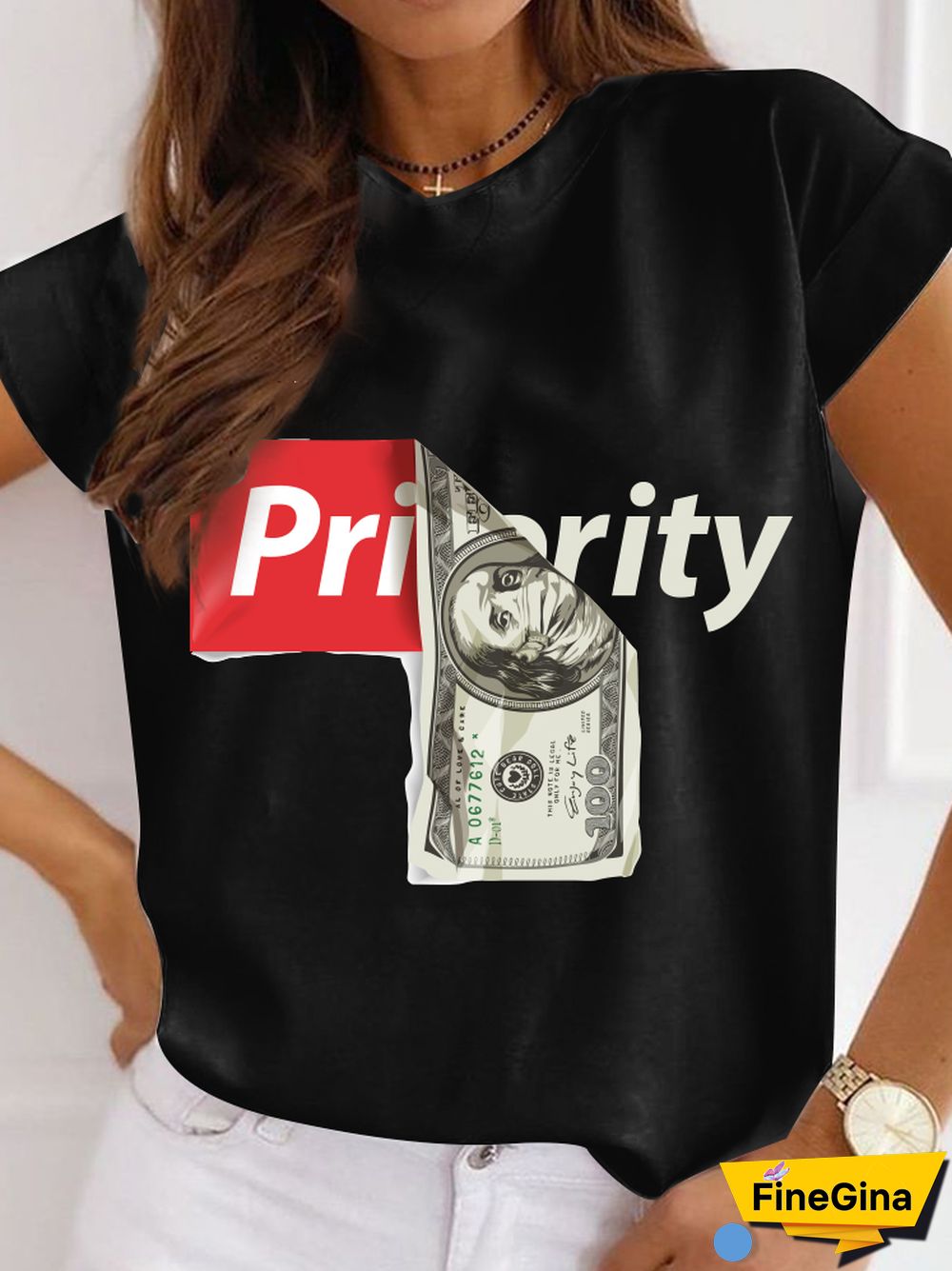 Gothic T-shirt For Women Streetwear Funny Print Hip Hop Short Sleeve T Shirt Harajuku Priority Money Printed Polyester Top Black