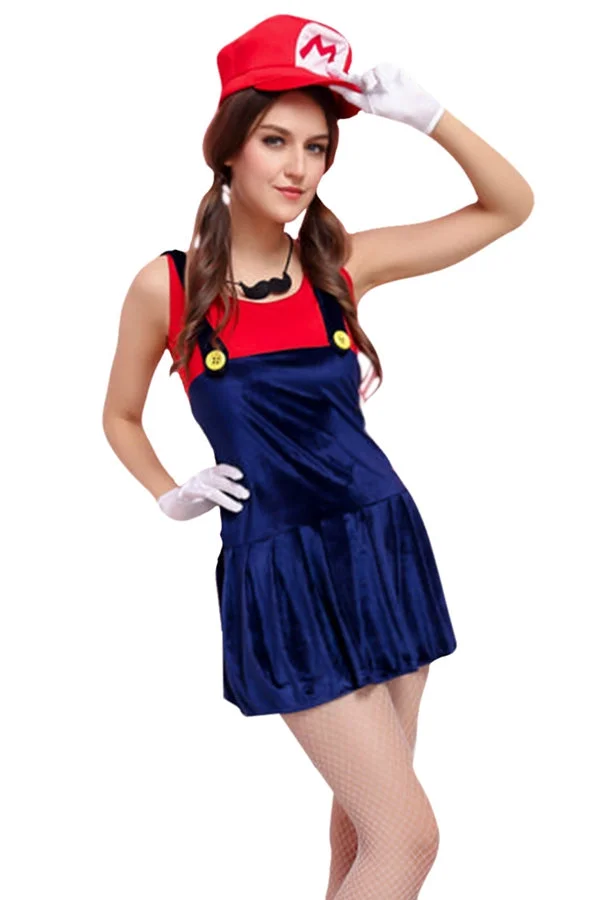 Womens Cartoon Halloween Costume Super Mario Red-elleschic