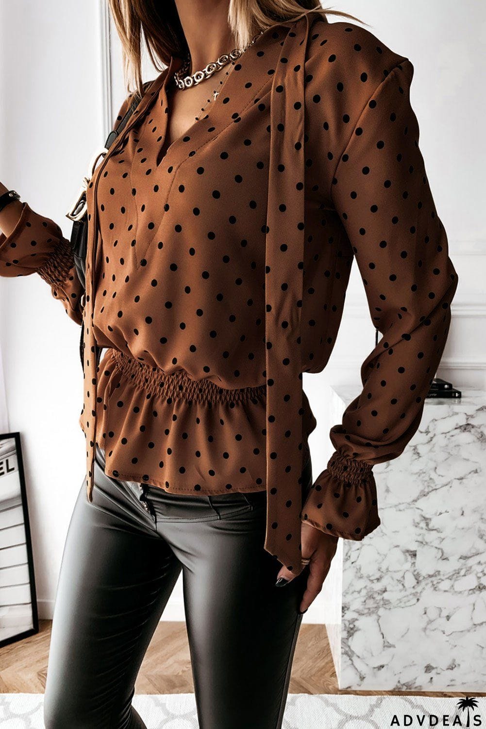 Elegant Khaki V Neck Tie Polka Dot Ruffled Blouse