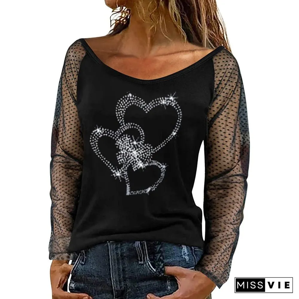 Mesh Sleeve Heart Orinted Shirt