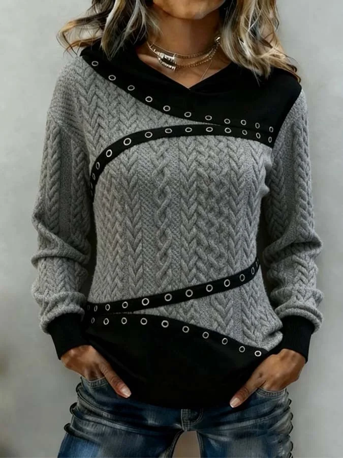 Women'S Casual Color-Block Patchwork Pullover Sweatshirt 