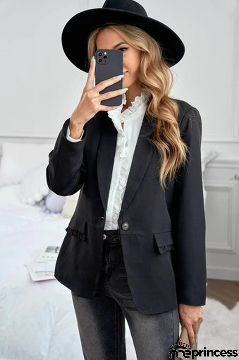 Black Lapel Collar Button Pocket Blazer