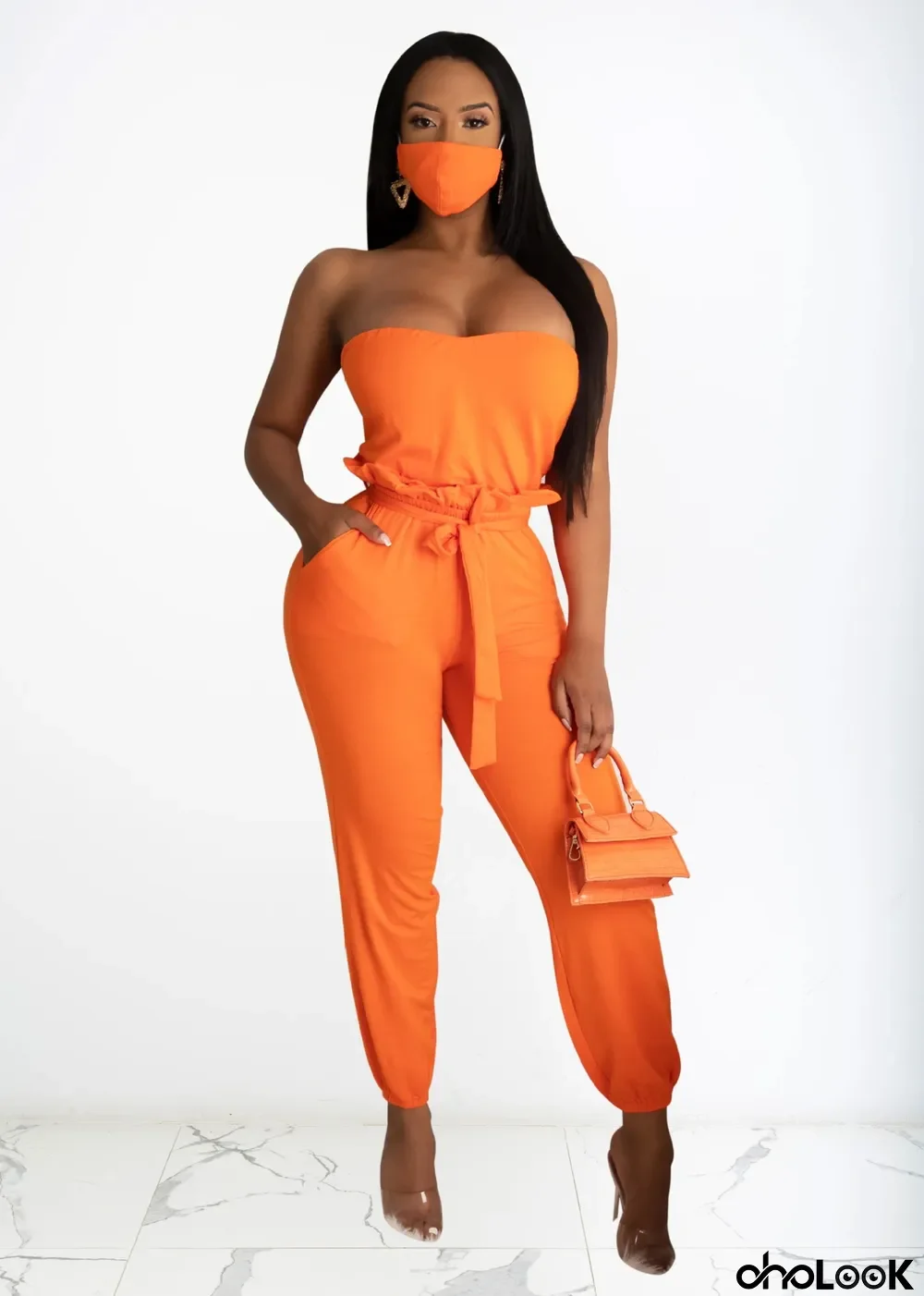 Solid SashesTube Jumpsuits Without Mask