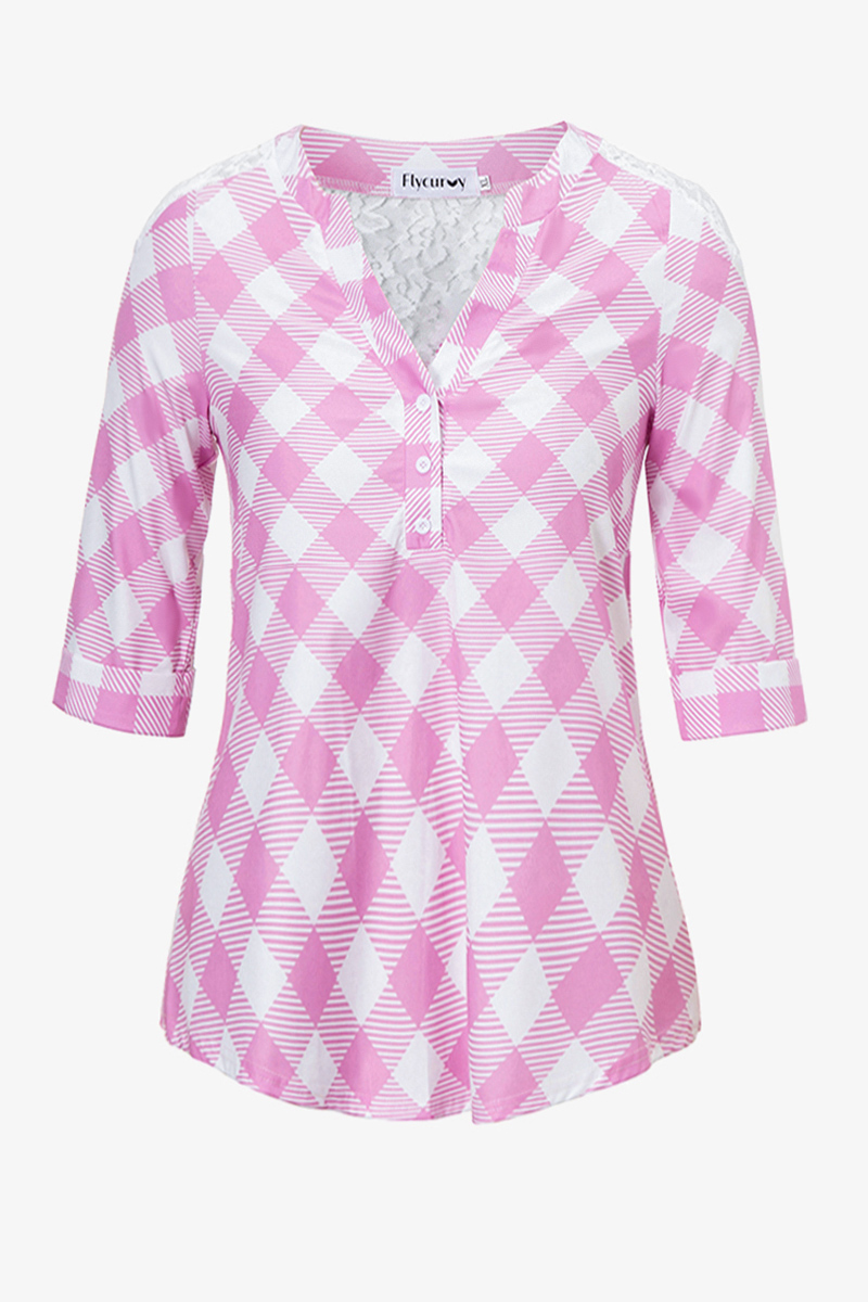 Plus Size Plaid Print Split Neck Button Up 3/4 Sleeve Lace Stitching Blouses 2024 - Flycurvy 