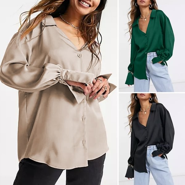 Plus Size Women Solid Color Autumn Spring Blouses Shirt Stain Silk V Neck Casual Elegant Blusas Ladies Tops - Shop Trendy Women's Clothing | LoverChic
