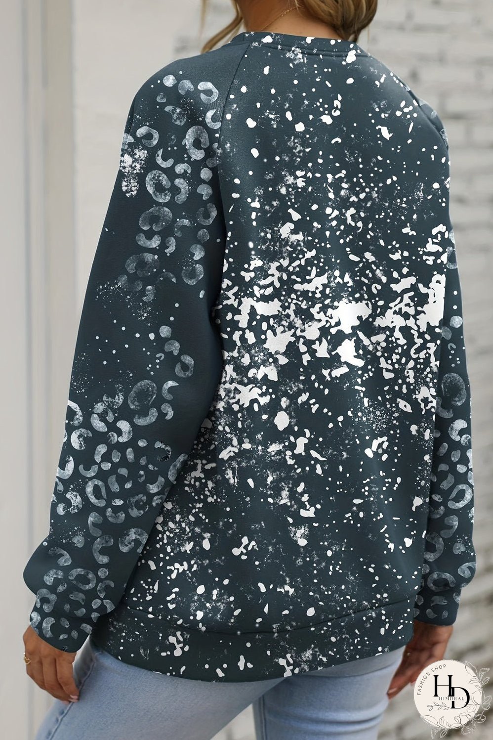 Blue Leopard Bleached Raglan Sleeve Crewneck Sweatshirt