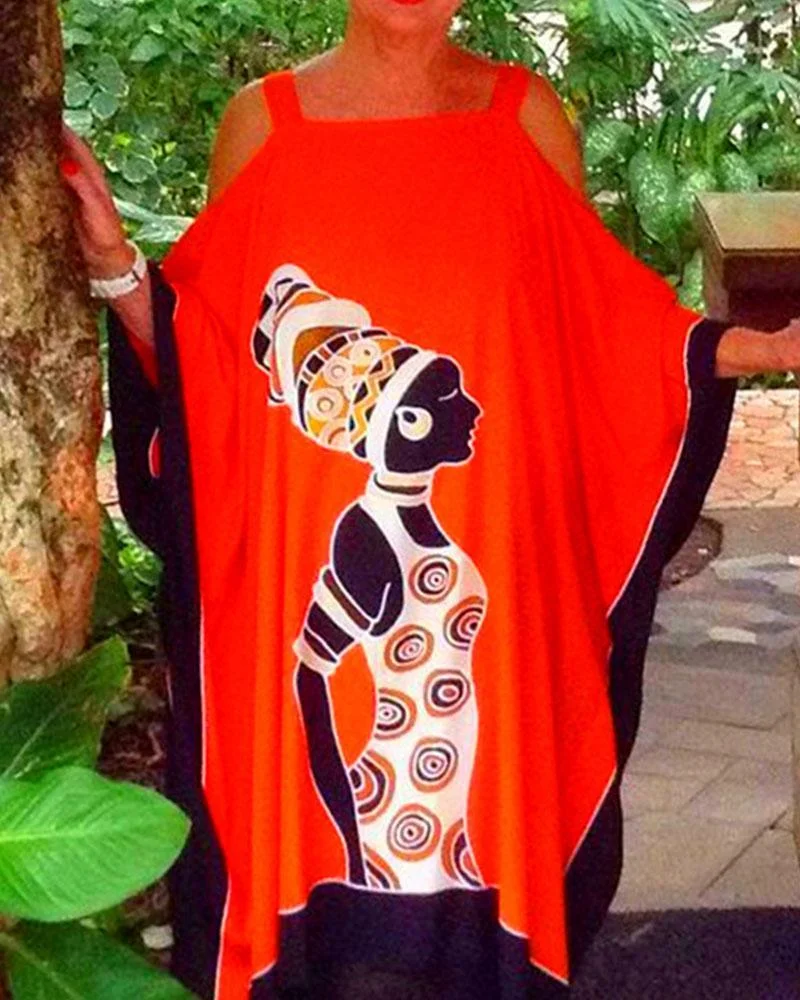 Positioning Print Suspender Mid Length Dress