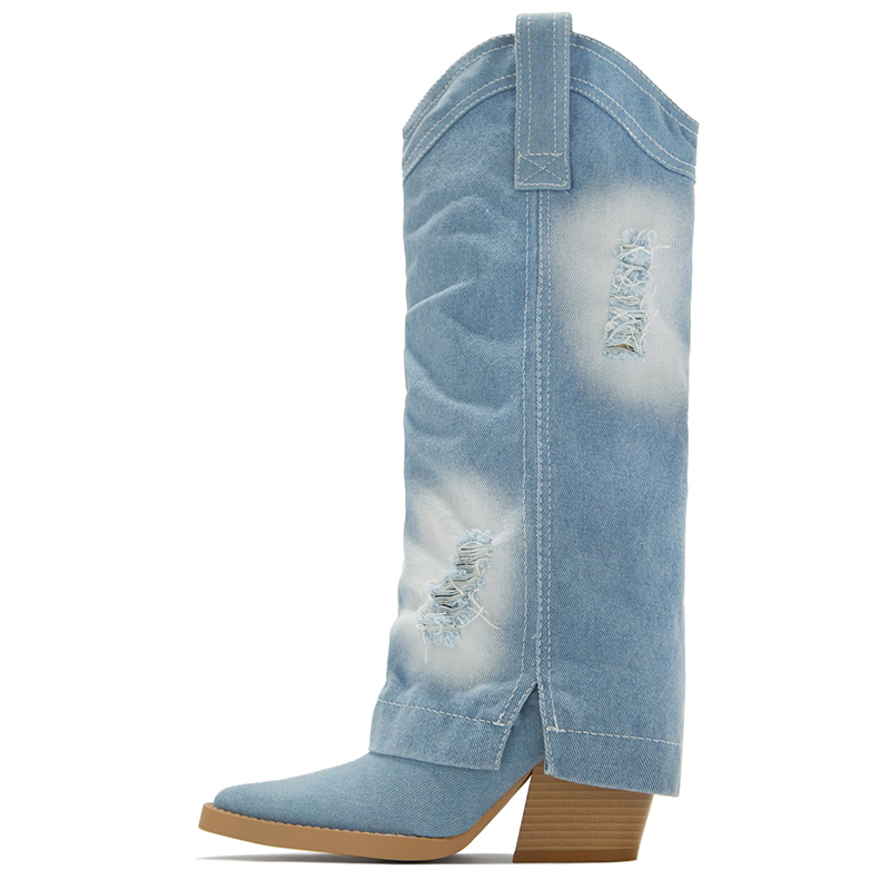 Blue Denim Pointed Toe Block Heel Shoes Mid Calf Cowgirl Boots for Women
