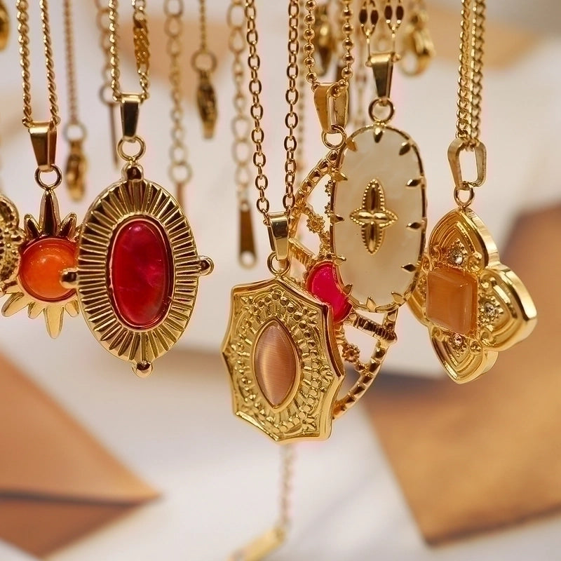 Vintage Style Vacation French Style Geometric 304 Stainless Steel Natural Stone 18K Gold Plated Plating Inlay Pendant Necklace