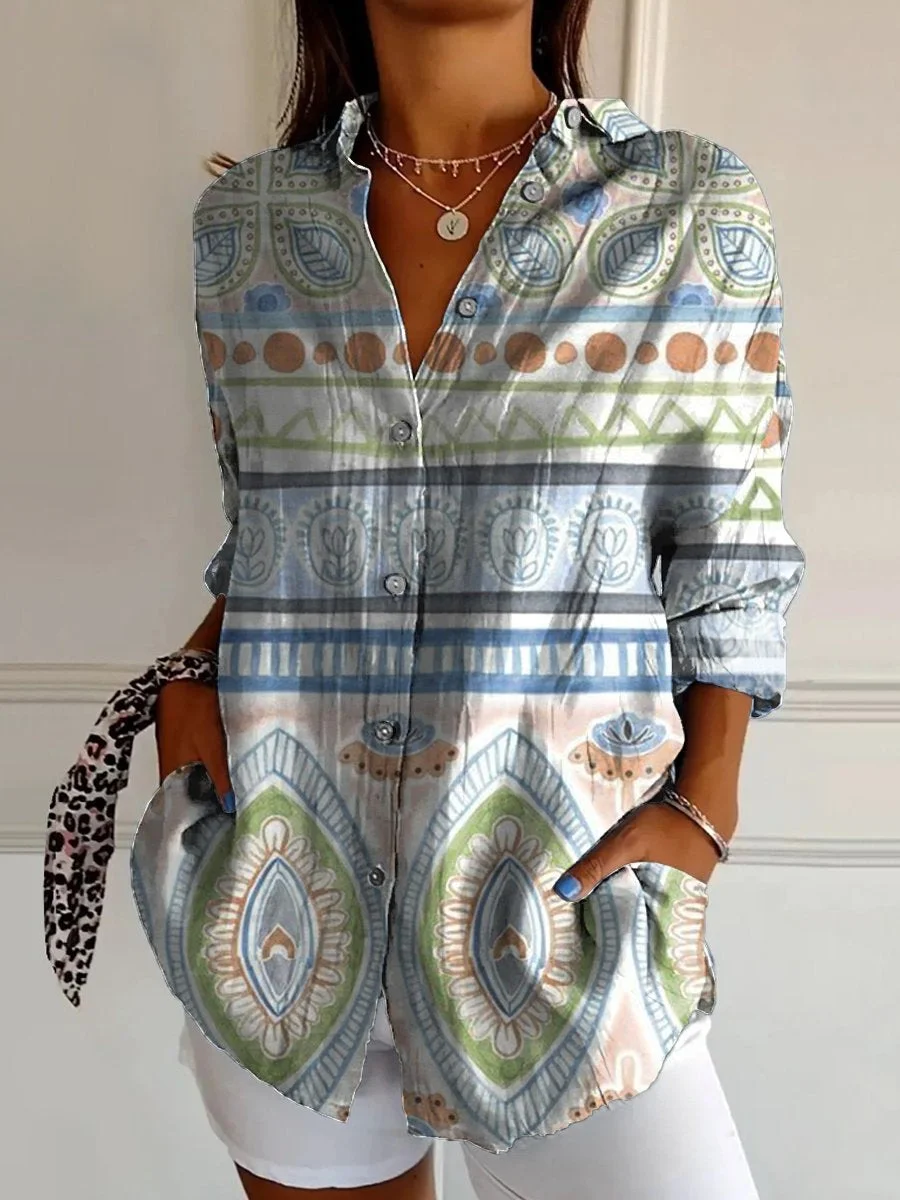 Women's Ethnic Art Print Casual Cotton Shirt