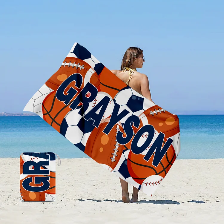 Dyoart Custom Name Beach Towel - Personalized Basketball and Soccer Design - Oversized Soft Absorbent Microfiber Bath Pool Towels for Kids Adults Boy Girl Beach Blanket Essentials with Storage Bag