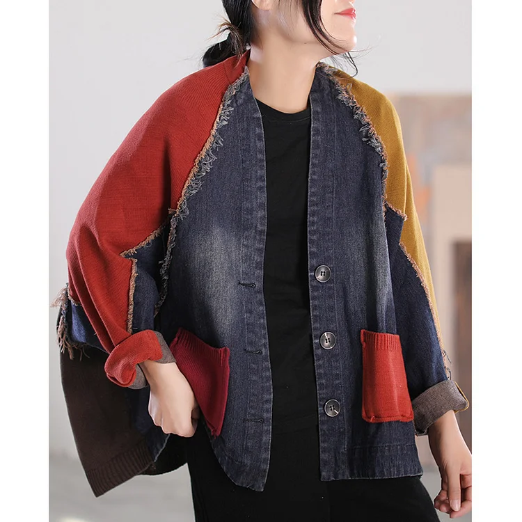 Loose Splicing Long Sleeve Denim Jacket