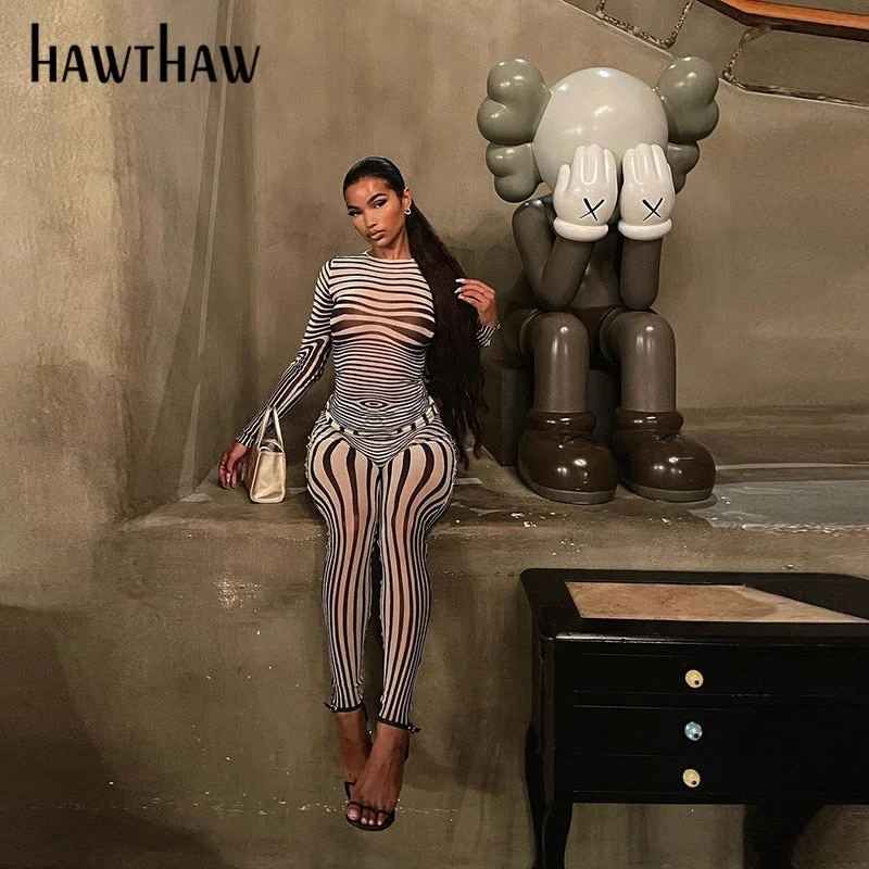 Hawthaw Women Autumn Long Sleeve Tops Long Pants Zebra Striped Printed Mesh Two Piece Set Suit 2021 Female Wholesale Clothes