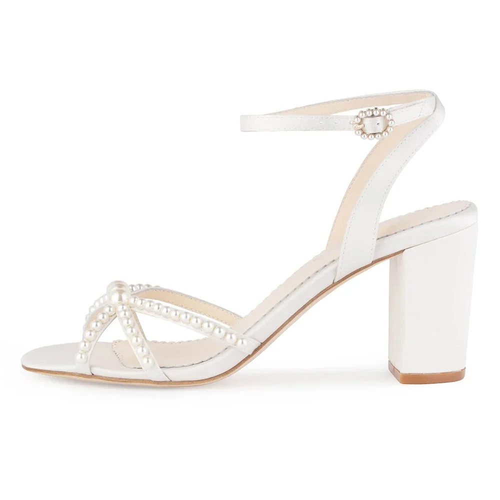 YDN White Satin Open Toe Ankle Strap Chunky Heel Pearl Sandals