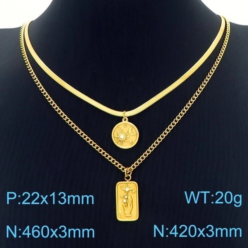 Retro Geometric Star Titanium Steel Zircon 18K Gold Plated Plating Inlay Layered Necklaces