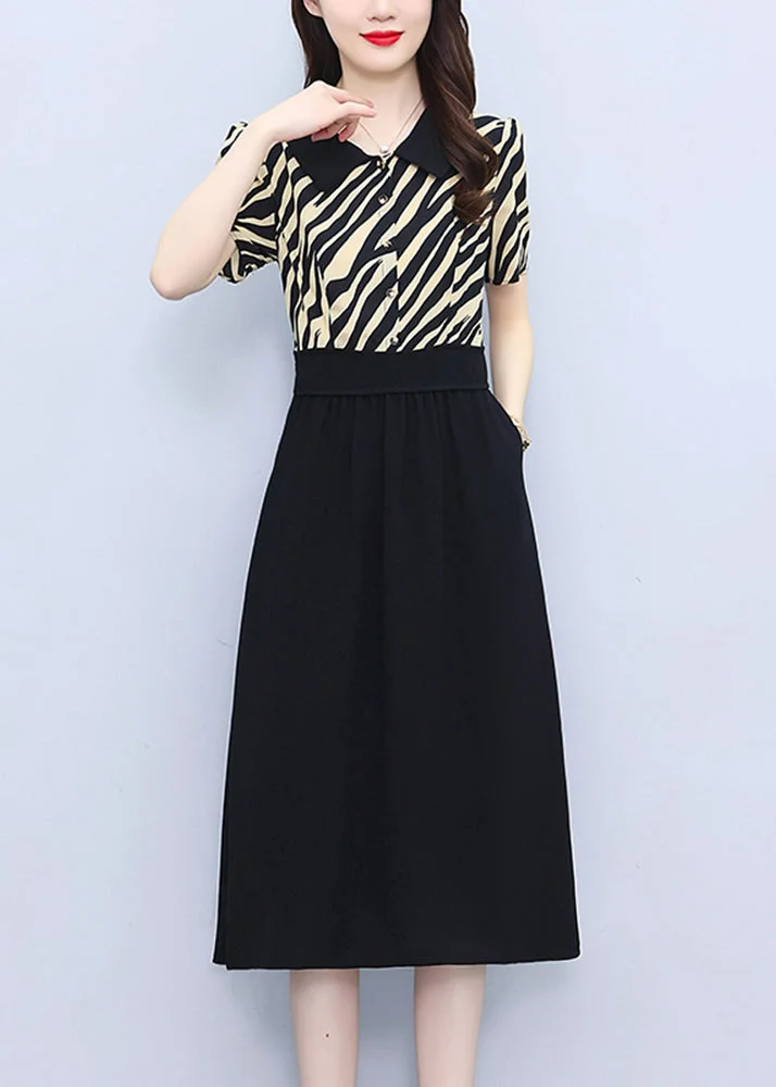 French Black Peter Pan Collar Patchwork Chiffon Dress Summer