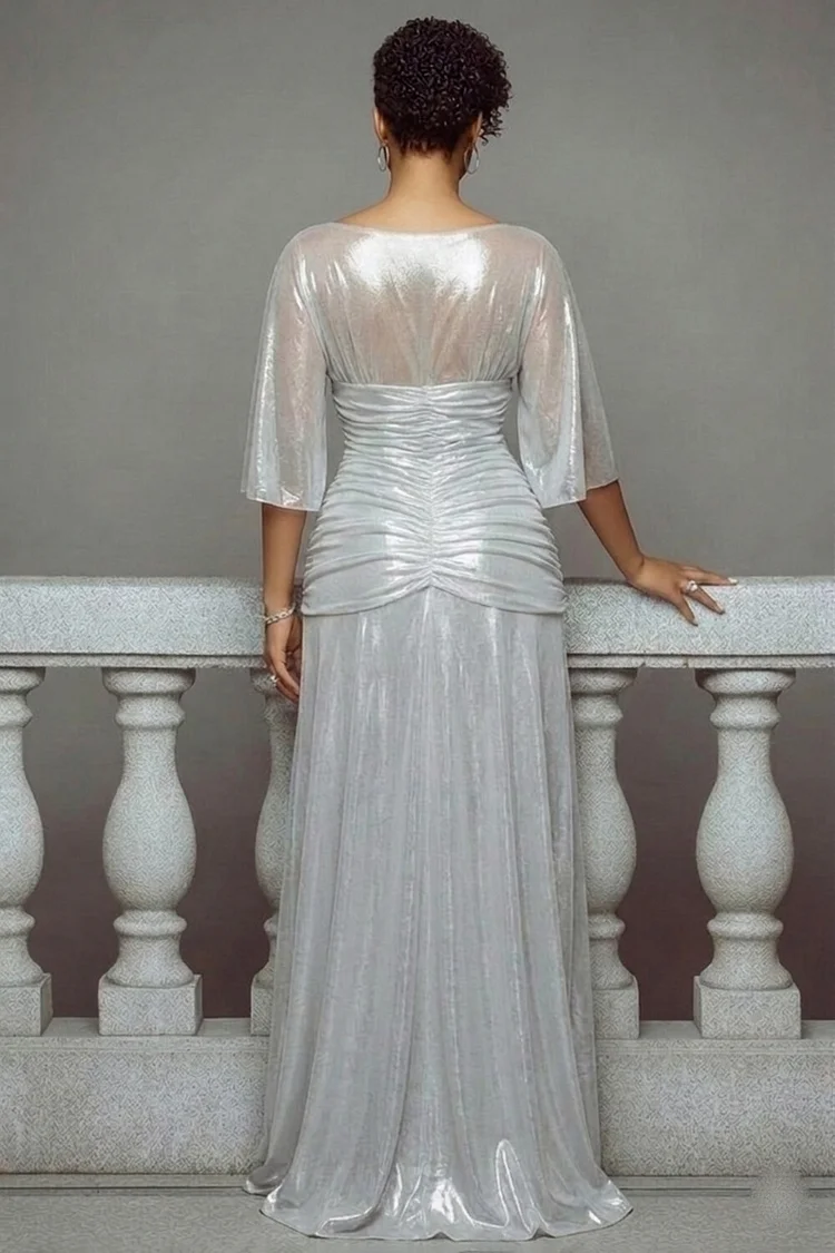 Boat Neck Half Sleeve High Waist Ruched Gowns Maxi Dresses-Silver [Pre Order]