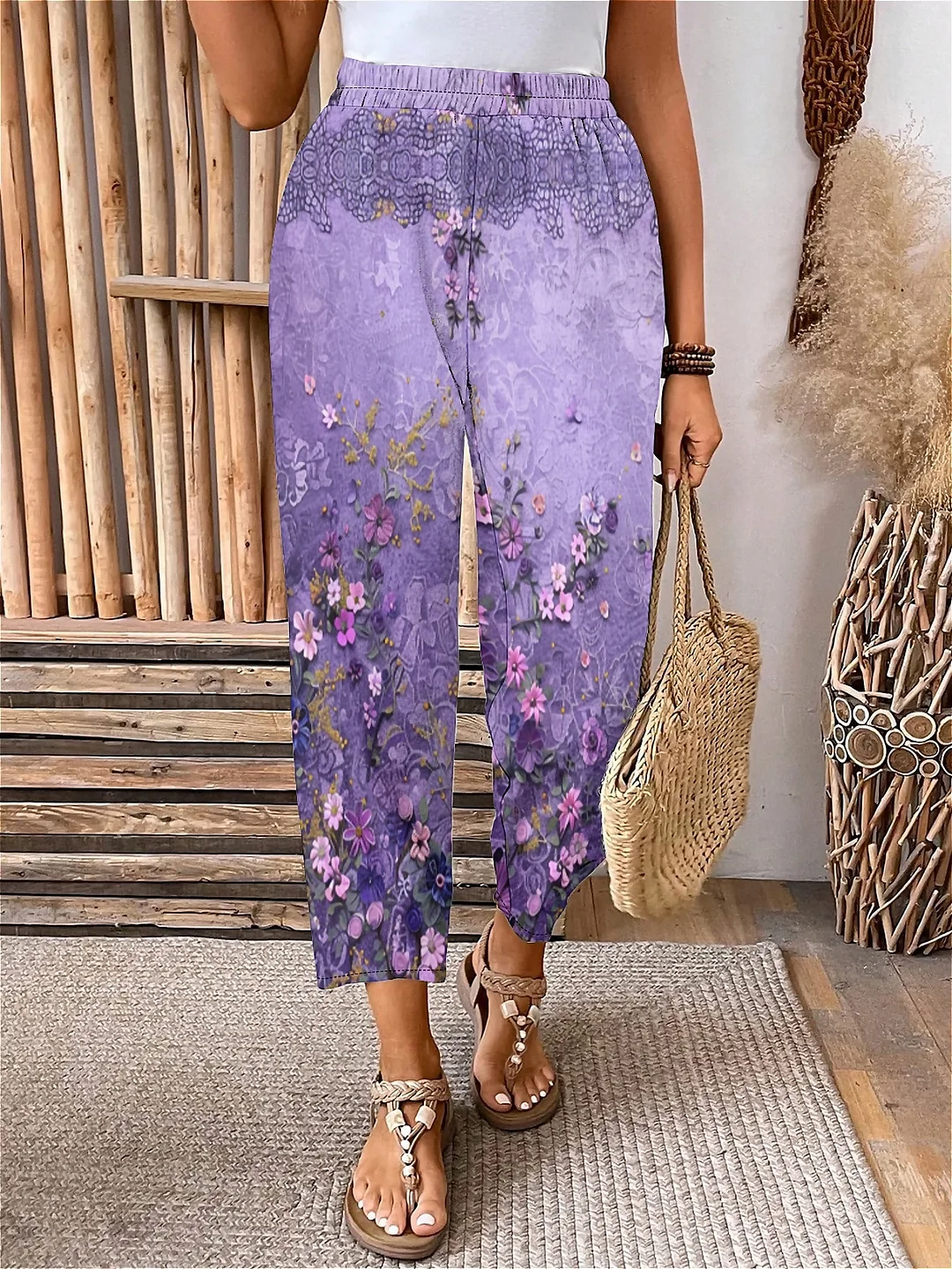 Plus Size Elastic Waist Purple,Floral,Bohemian Printed Pants