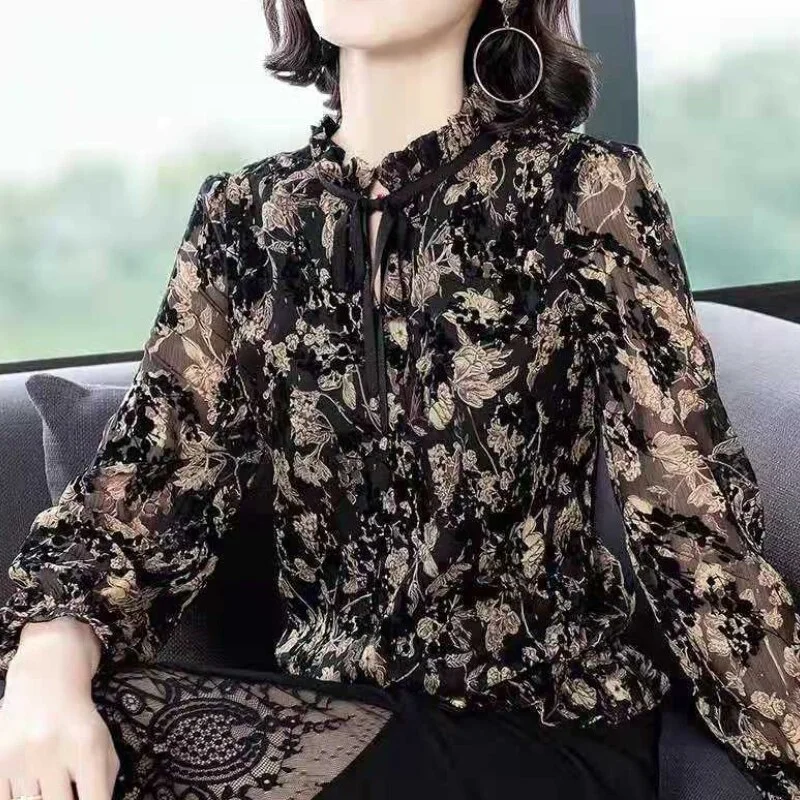 Jangj Black Straps Chiffon Shirt 2022 Spring Summer Korean Style Blouse Round Neck Long Sleeve Shirt for Female Elegant Shirt