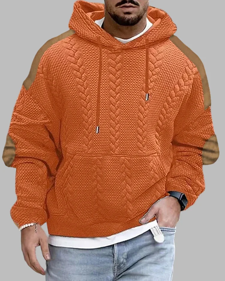 Men's Fashion Patchwork Pocket Drawstring Knitted Hoodie