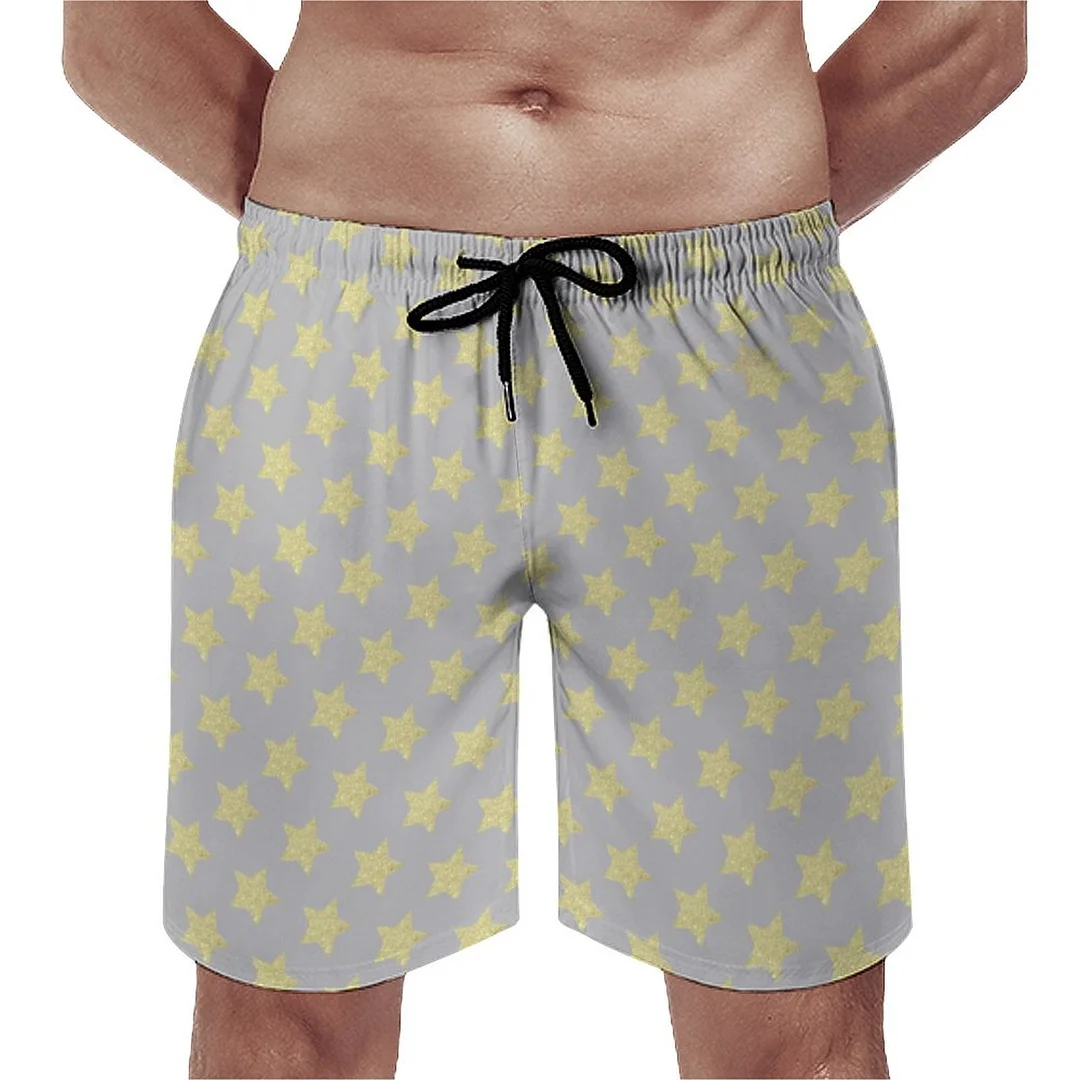 Beautiful Black White Gold Blue Little Stars Print Men's Swim Trunks Summer Board Shorts Quick Dry Beach Short with Pockets