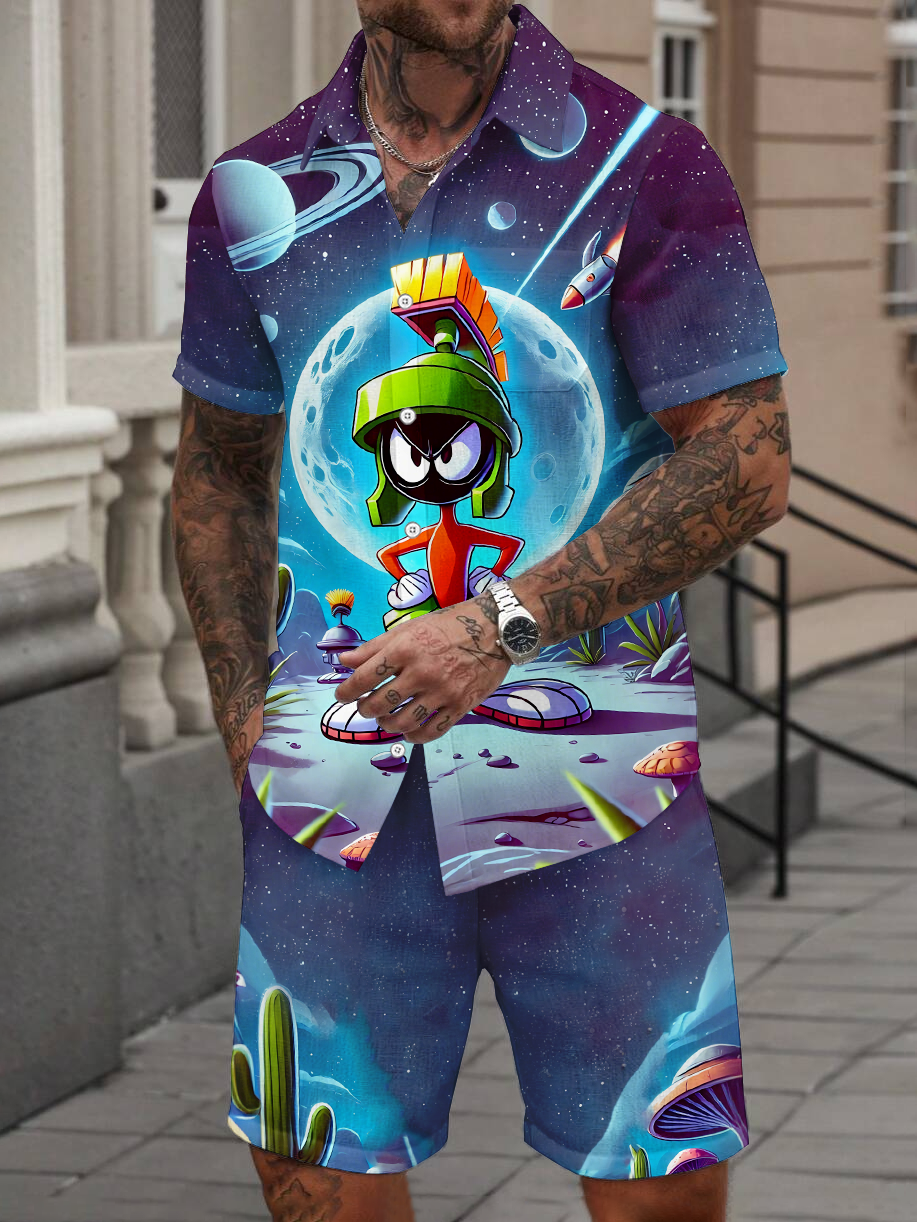 Retro fun cartoon outer space warrior shirt shorts set PLUSCLOTHESMAN