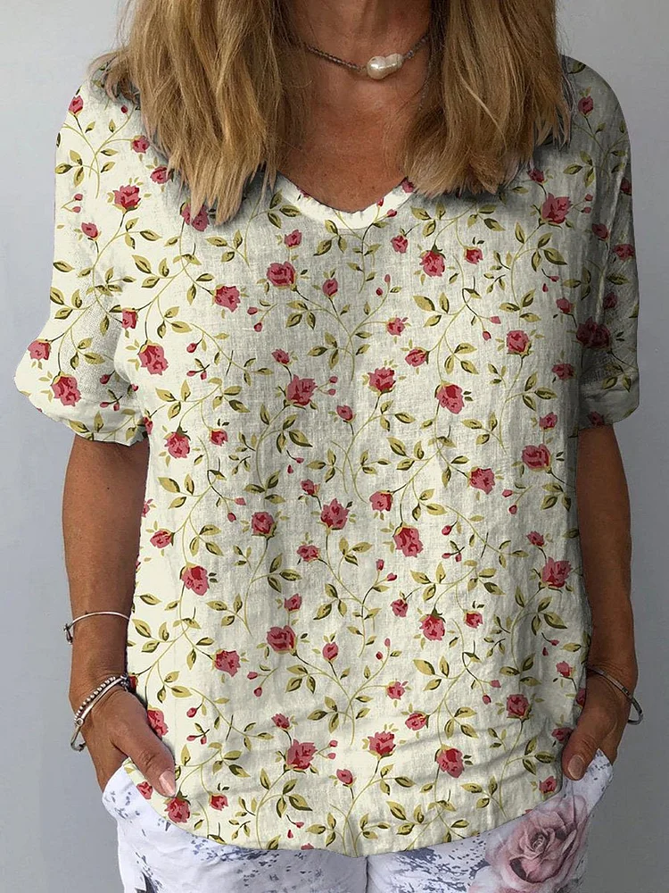 Vintage Style Petite Rose Pattern Printed Women's Casual Cotton And Linen Shirt