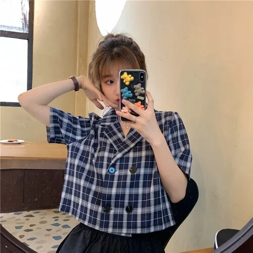 Blouses Shirts Women Plaid Crop Top Vintage Korean Style Sweet Notched Ins Fashion Slender Leisure Chic All-match Summer Loose