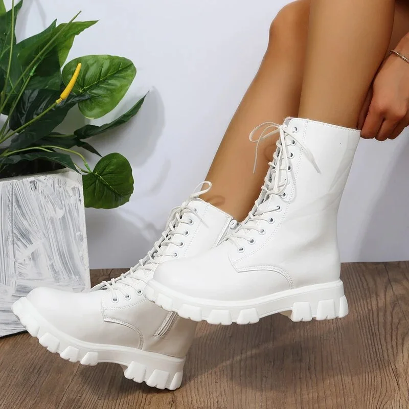 Breakj Black White Platform Ankle Boots for Women Thick Bottom Punk Motorcycle Boots Woman Plus Size Pu Leather Botas Mujer 43
