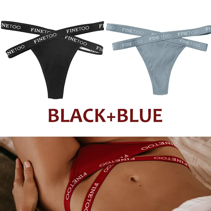 FINETOO 2PCS/Set Women's Cotton G-string Sexy Cross Strap Panties Letter Waisted Underwear Thongs Femme Hollow Out Lady Briefs