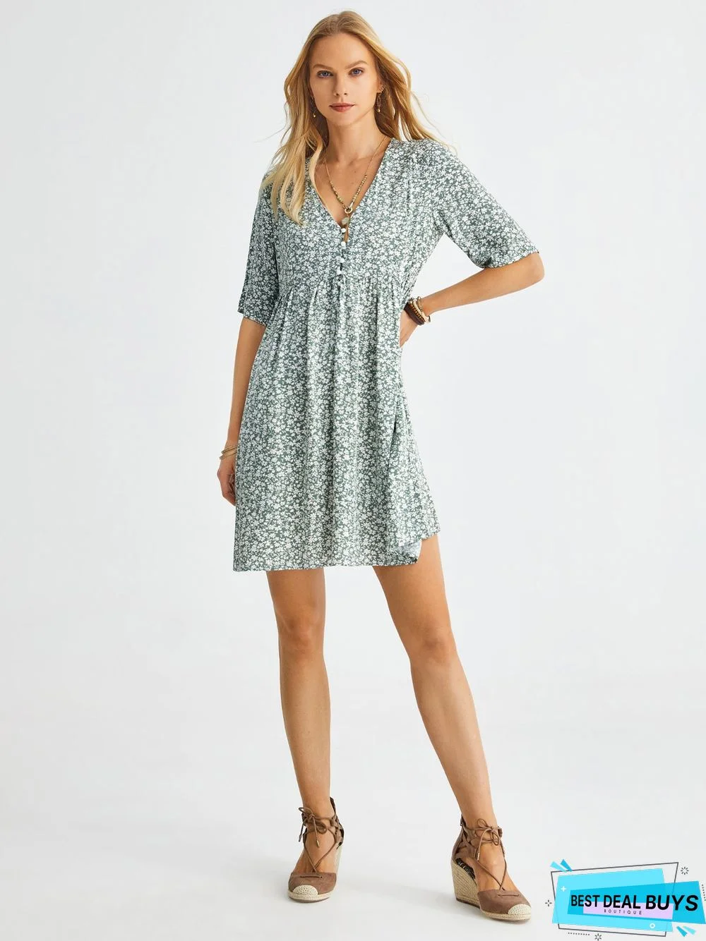 Boho Floral Print Short Sleeve Knee Length Dress