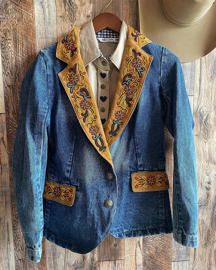 Women's Denim Button Embroidery Print