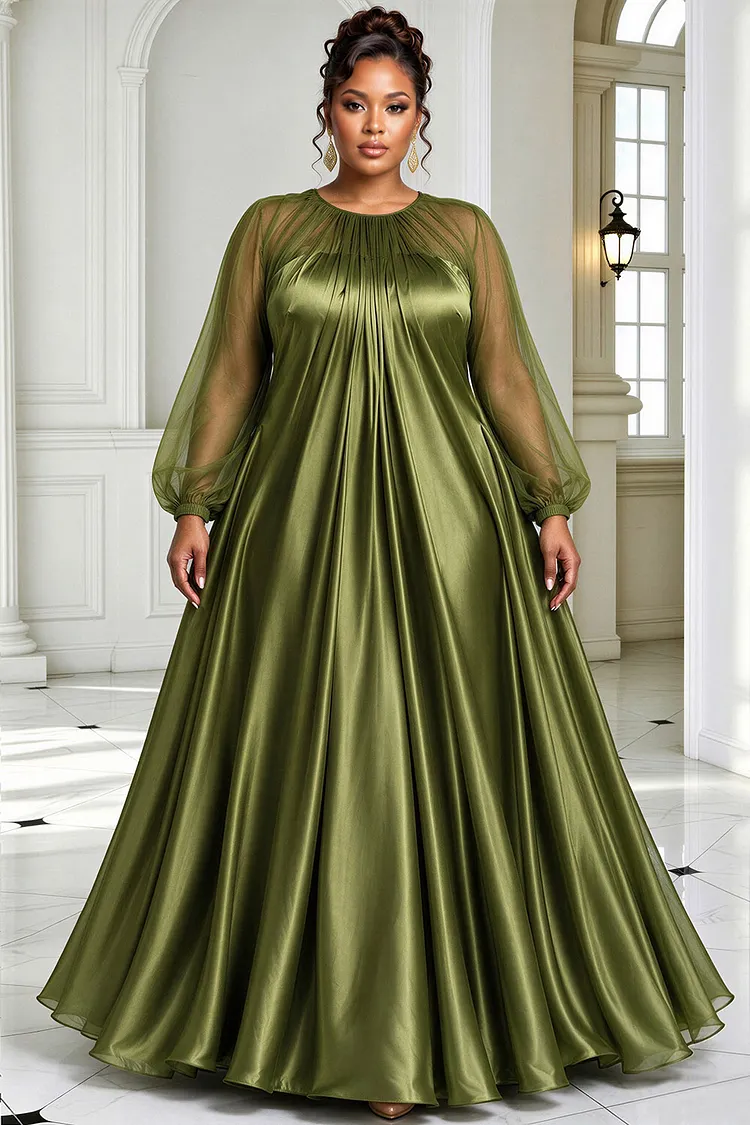 Xpluswear Design Plus Size Formal Tulle Green Round Neck Long Sleeve See Through Contrast Satin Maxi Dresses [Pre-Order] 2024 - Xpluswear