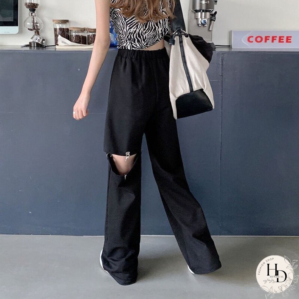 Fashion Harajuku Hollow Out Wide Leg Pants Women High Waist Elastic Streetwear Straight Trousers Summer Hip Hop BF Goth Pants