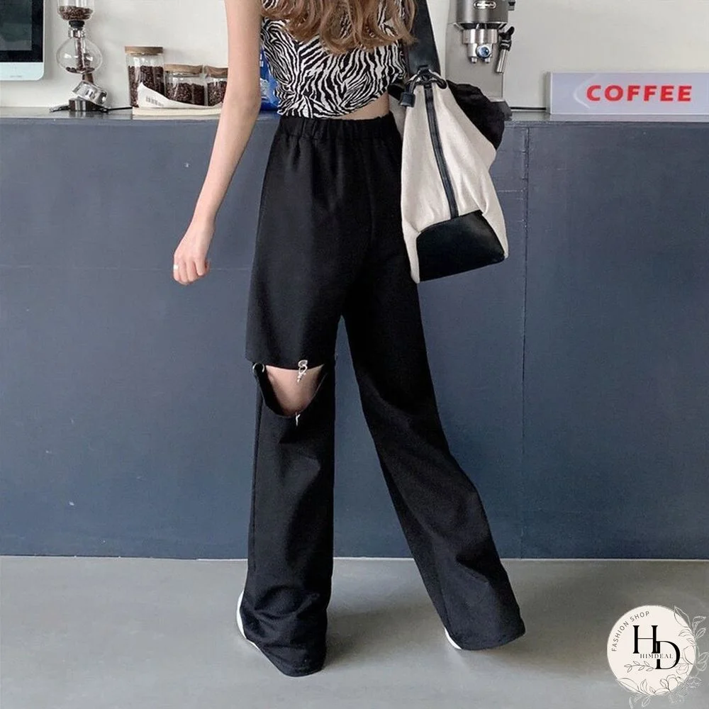 Fashion Harajuku Hollow Out Wide Leg Pants Women High Waist Elastic Streetwear Straight Trousers Summer Hip Hop BF Goth Pants