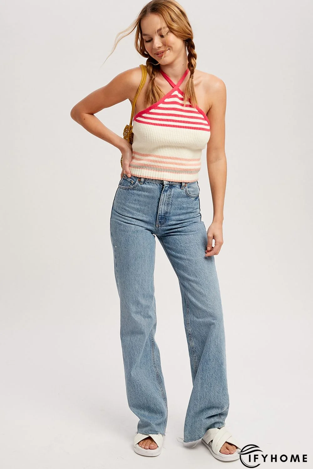 Halter Striped Rib Knit Sweater Tank | IFYHOME