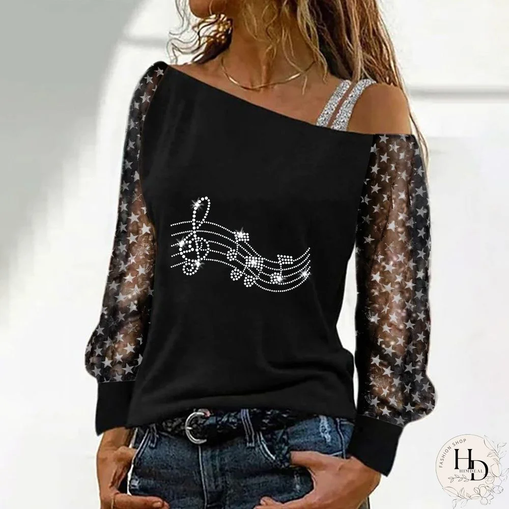 Starry Sleeve Rhinestone Black Top