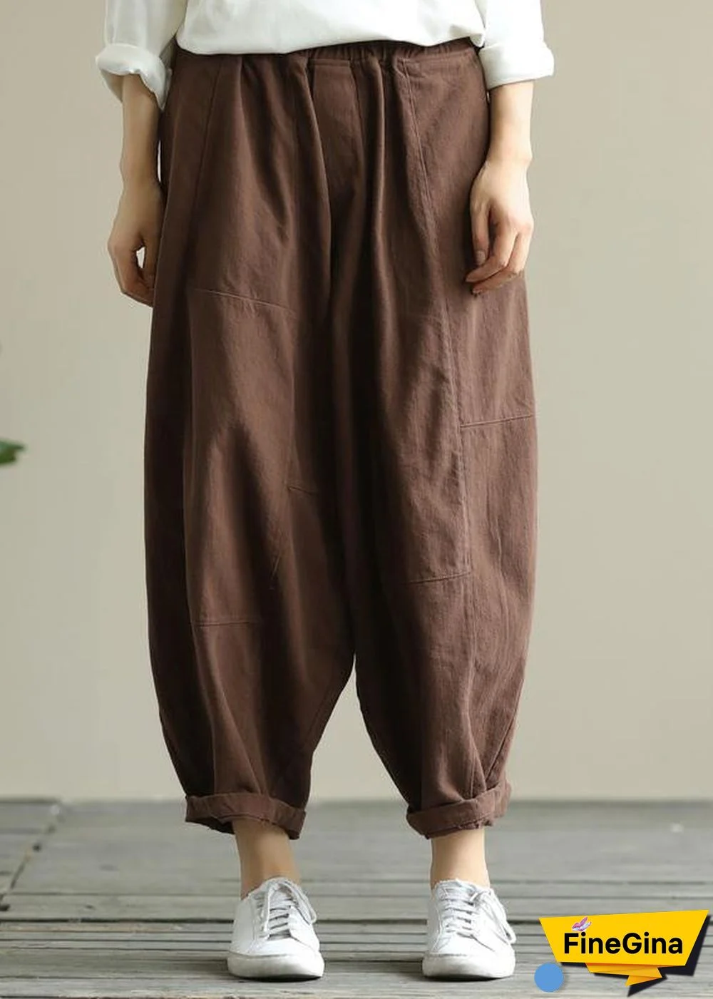 Loose brown plus size elastic waist harem pants