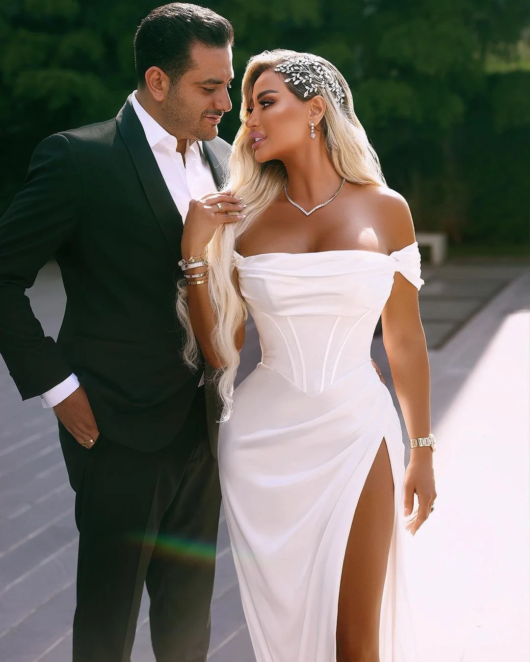 White Halter Prom Dress Wedding Guest Dress with Slit,DP1666 main image 1