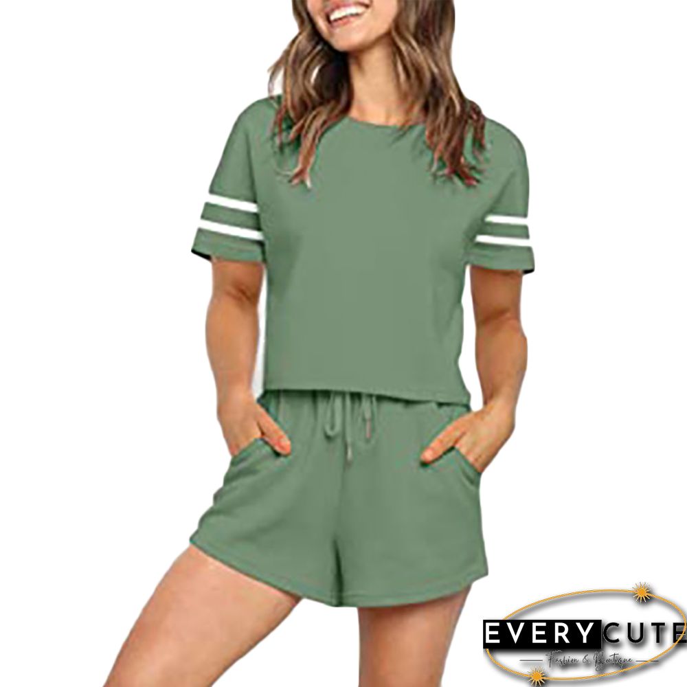 Pea Green Spliced Stripe Short Sleeve Loungewear Set
