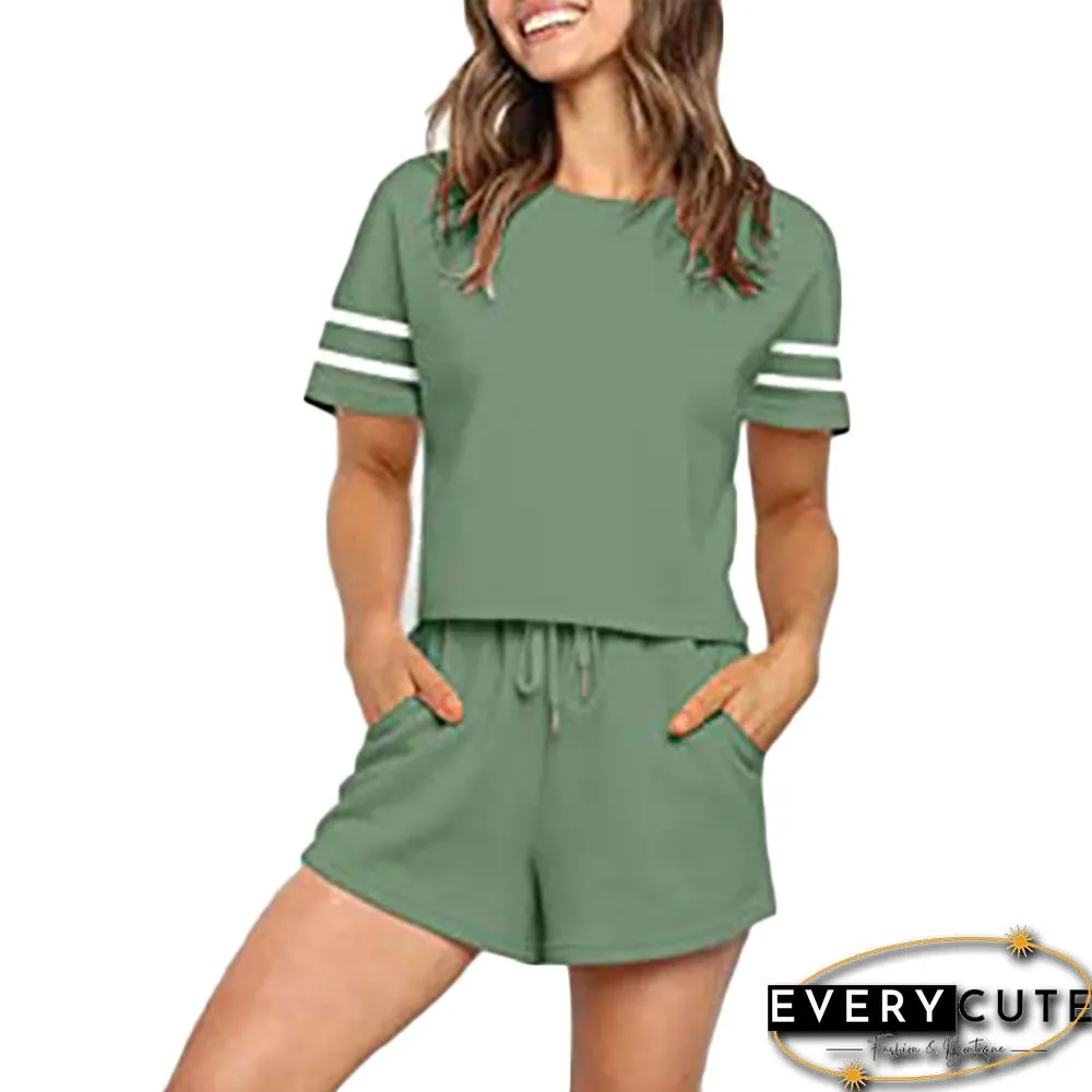Pea Green Spliced Stripe Short Sleeve Loungewear Set