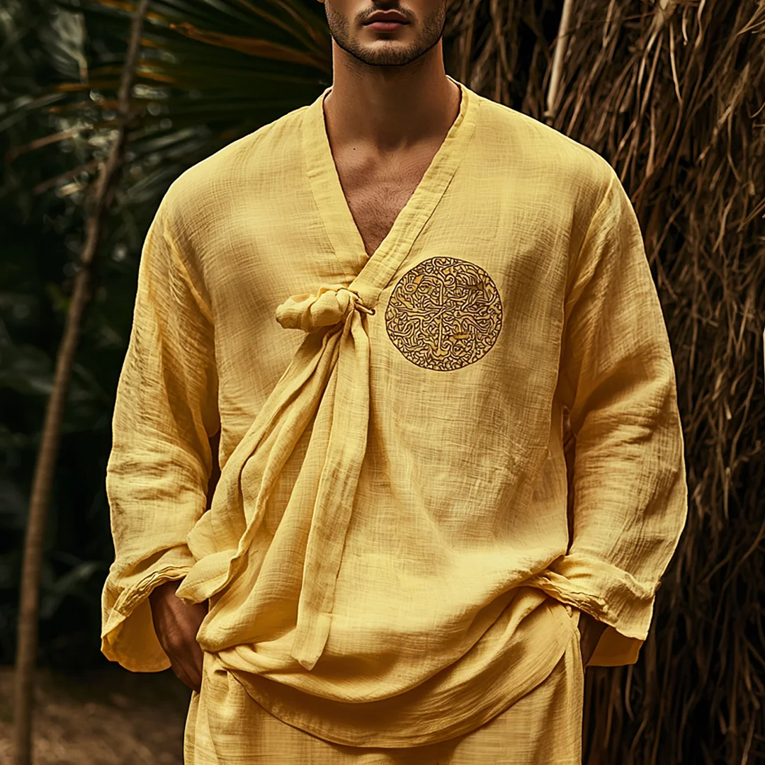 Men's Holiday Ethnic Lightweight Tie-Draw Linen Shirt-inspireuse