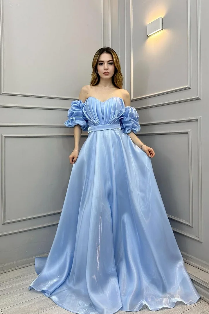 Lvs&Broner Off the Shoulder Bubble Sleeves Long Prom Dress With Pleated