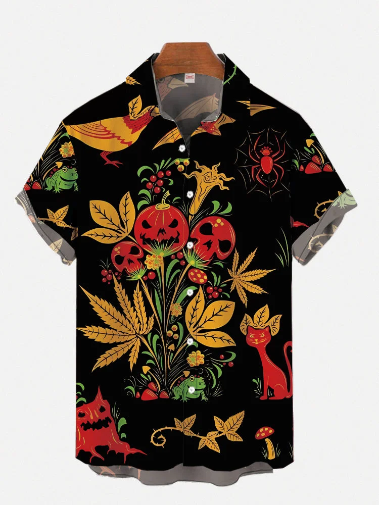 Psychedelic Halloween Plant Pumpkin Skull Bouquet Printing Short Sleeve ...