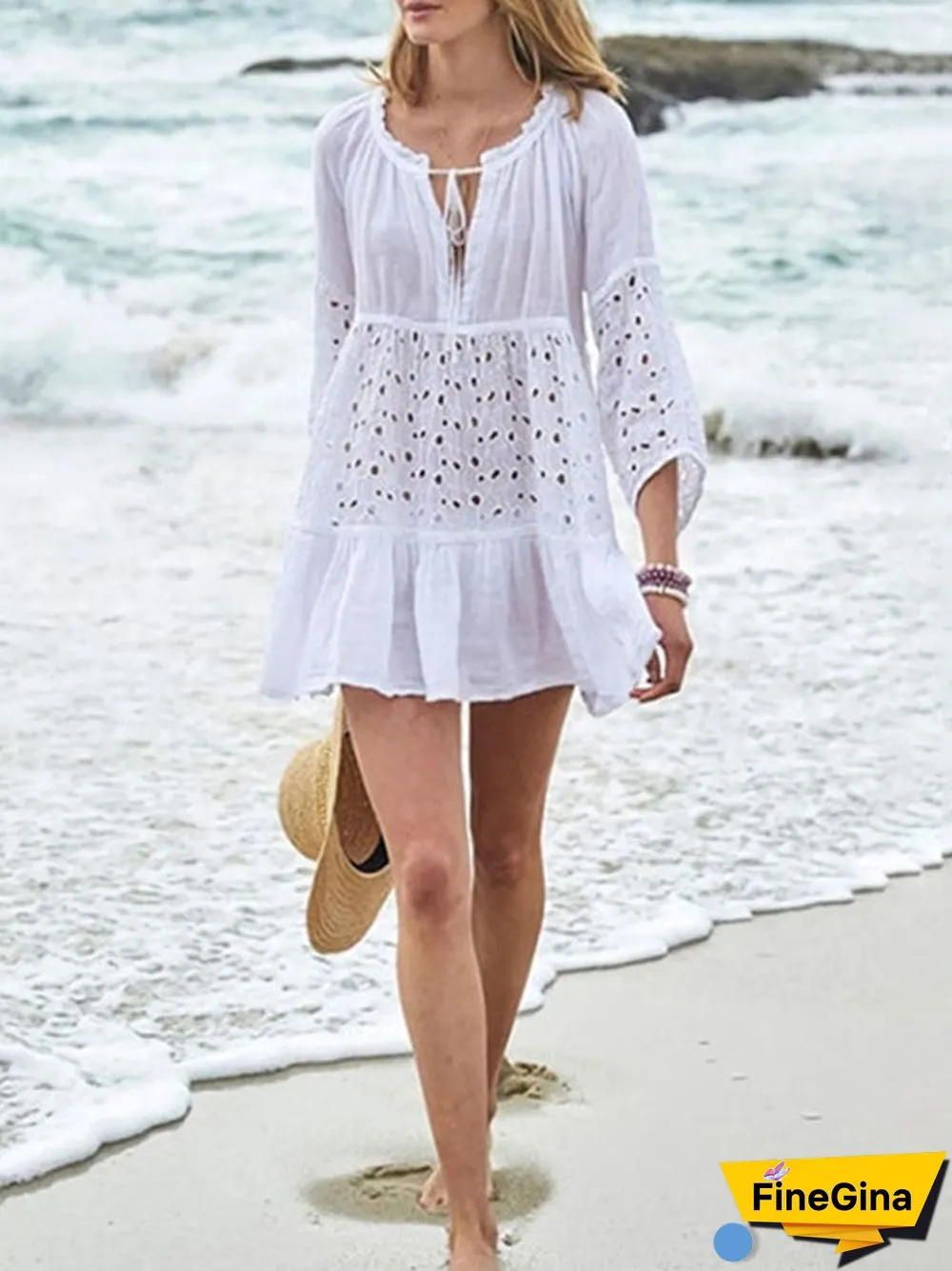 Woven slub cotton patchwork lace beach skirt sun-proof clothing loose bikini blouse