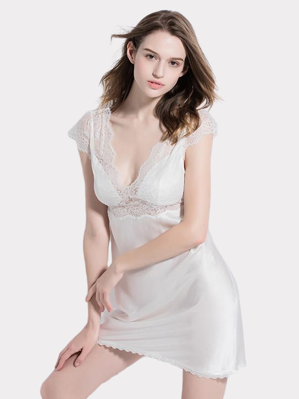 19 Momme White Lace Silk Nightgown With Cap Sleeves