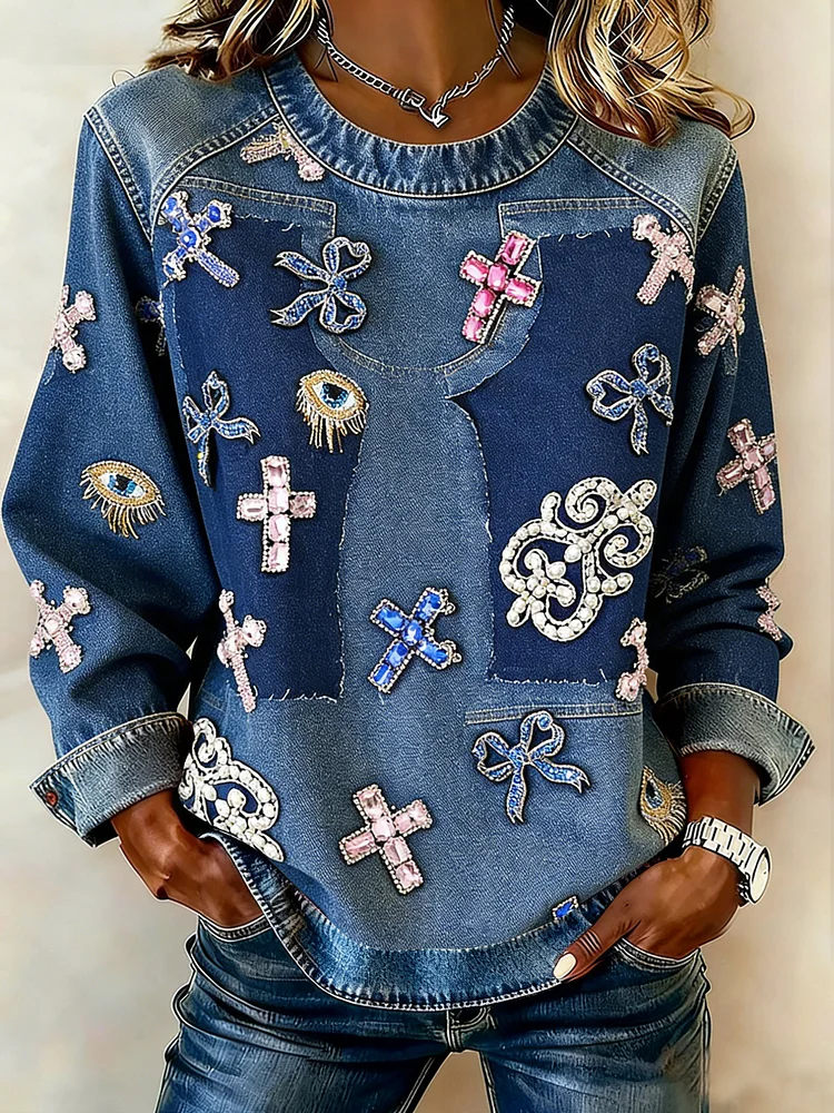 Women's Winter Faith-Inspired Fun Color-Blocking Printed Crew Neck Top 