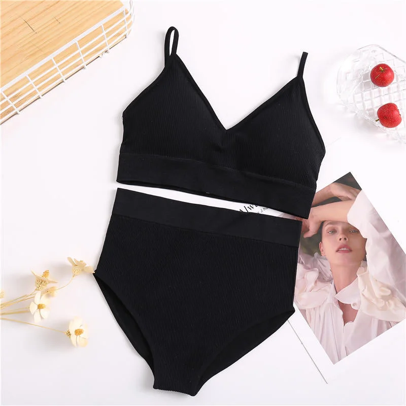 2PCS Women Bra Set Soft Brassiere + High Waist Panties Female Underwear Intimates Lingerie cconjuntos de mujer Tank Crop Tops