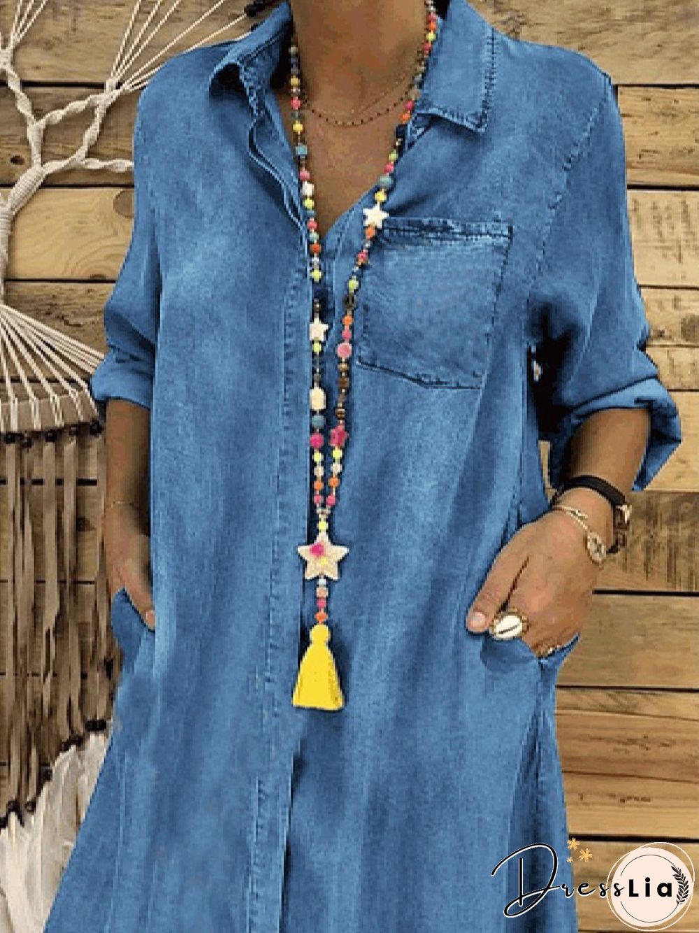Casual Solid Loosen Denim Long sleeve Dresses